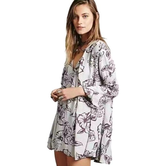 Free People Dress Women Small Gray Purple Floral Swing Flowy Key Hole Tunic Mini - Picture 1 of 11